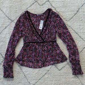 S Purple Floral V Neck Blouse w/ Velvet Trim Francesca’s NWT